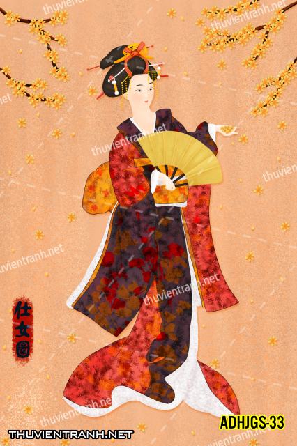 Tranh dán tường Cô gái  Nhật Bản mặc kimono, tranh minh họa cô gái Nhật Bản xưa -ADHJGS-33 - Tranh tường chất lượng cao
